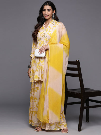 Indyancart VA Floral Embroidered Empire Beads & Stones Pure Silk Kurti with Sharara & Dupatta