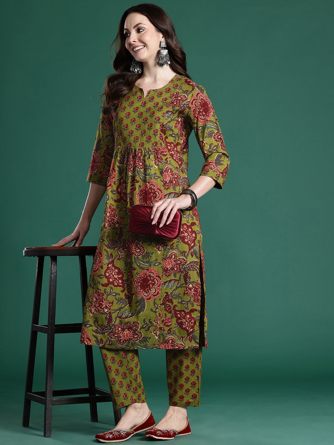 Floral Printed Pleated Sequinned Pure Cotton Kurta with Trousers