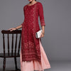 Indyancart IE Women Maroon Ethnic Motifs Foil Print Round Neck Regular Sleeves Straight Kurta