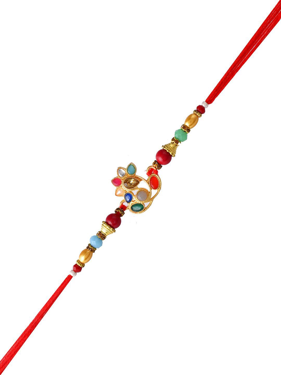 Anouk Red Beaded Embellished Rakhi With Roli Chawal & Greeting Card