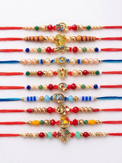 Indyancart Set Of 10 Artificial Stones & Beads Thread Rakhi With Roli Chawal Chandan Mishri