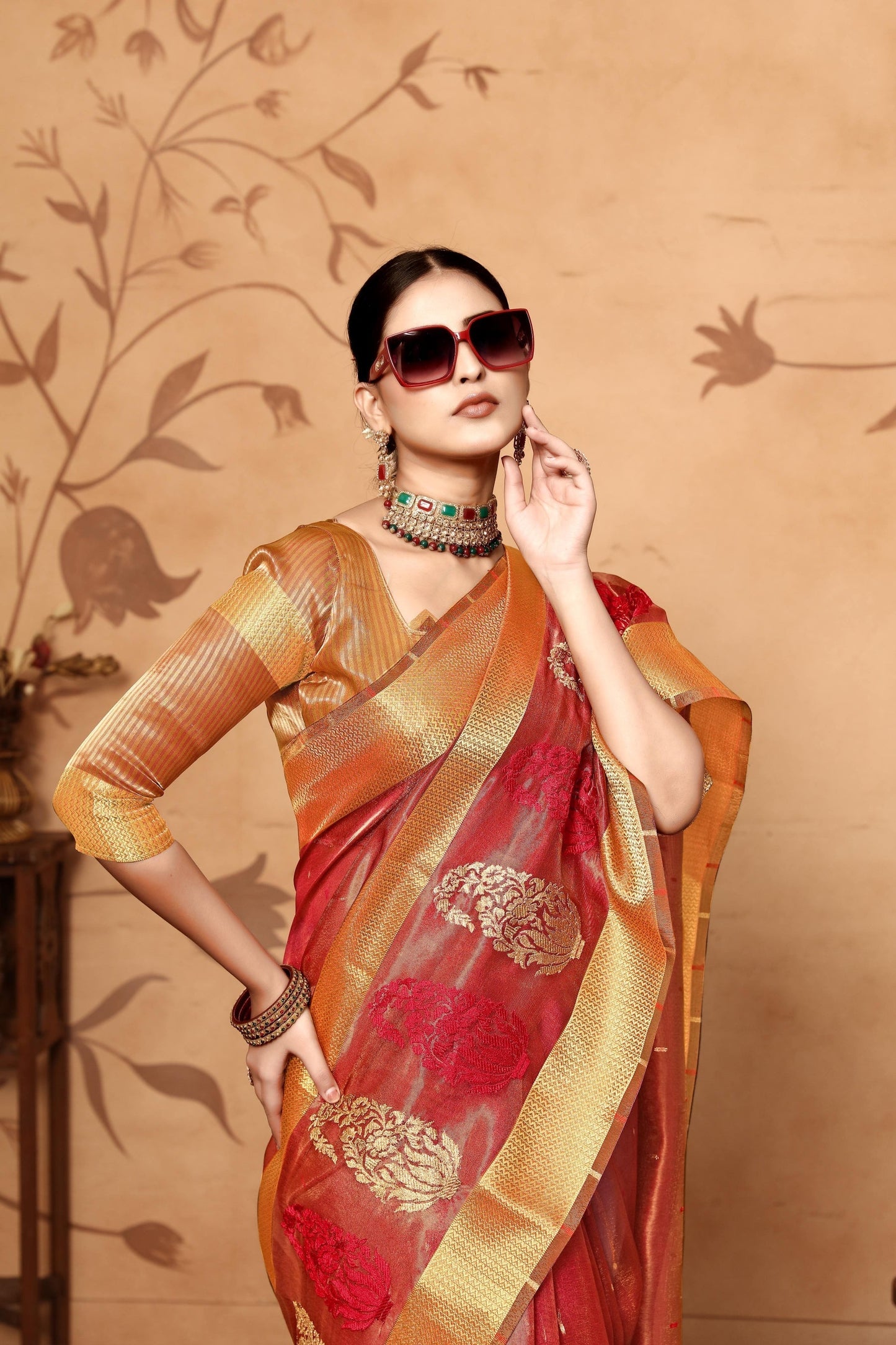 Dhiyona GR Women's Keri Red Tissue Cotton Silk Saree