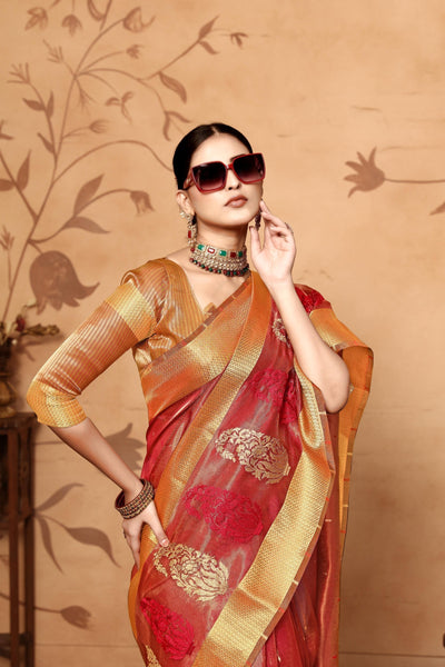 Indyancart GR Women's Keri Red Tissue Cotton Silk Saree