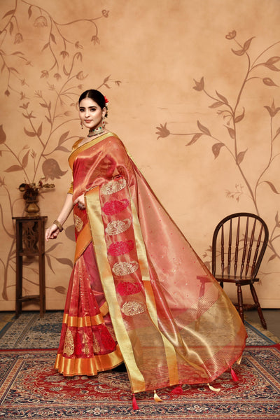 Indyancart GR Women's Keri Red Tissue Cotton Silk Saree