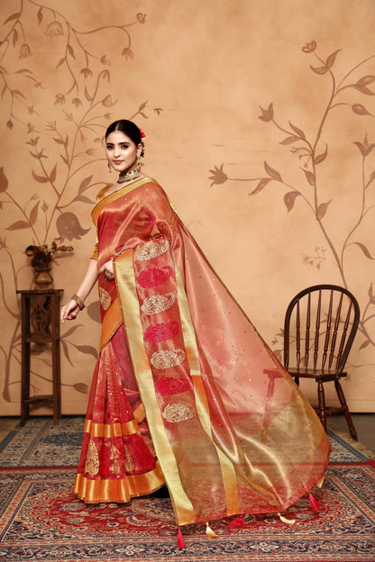 Dhiyona GR Women's Keri Red Tissue Cotton Silk Saree