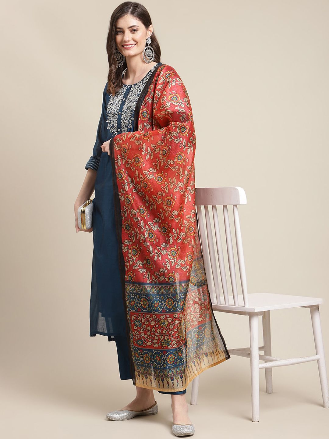 Indyancart VA Women's Blue Floral Embroidered Chanderi Silk Kurta with Trousers & Dupatta