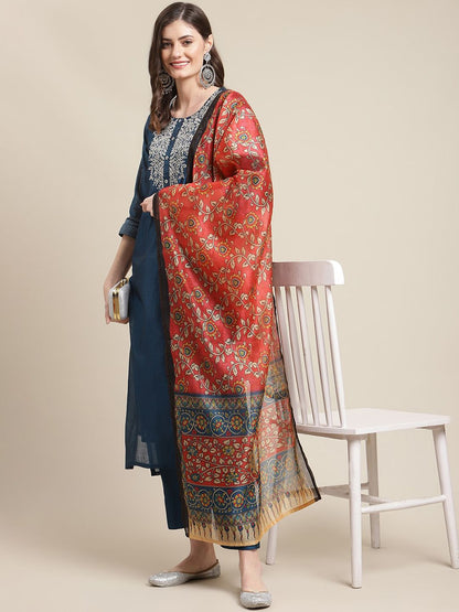 Indyancart VA Women's Blue Floral Embroidered Chanderi Silk Kurta with Trousers & Dupatta