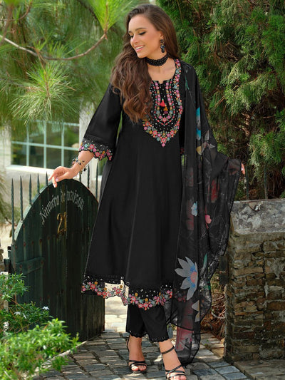 Indyancart IE Floral Embroidered Tieup Neck Liva A-Line Kurta With Trousers & Dupatta