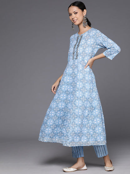 Indyancart VA Women'sPrinted Empire Mirror Work Pure Cotton Kurta with Trousers & Dupatta