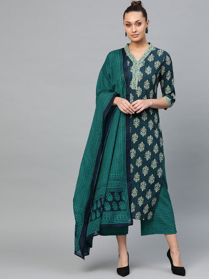 Dhiyona IE Women Navy Blue & Green Printed Kurta with Palazzos & Dupatta