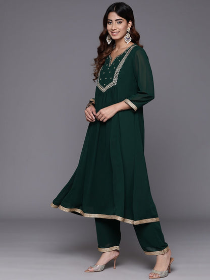 Indyancart VA Women's Embroidered Empire Mirror Work Silk Georgette Kurta with Trousers & With Dupatta