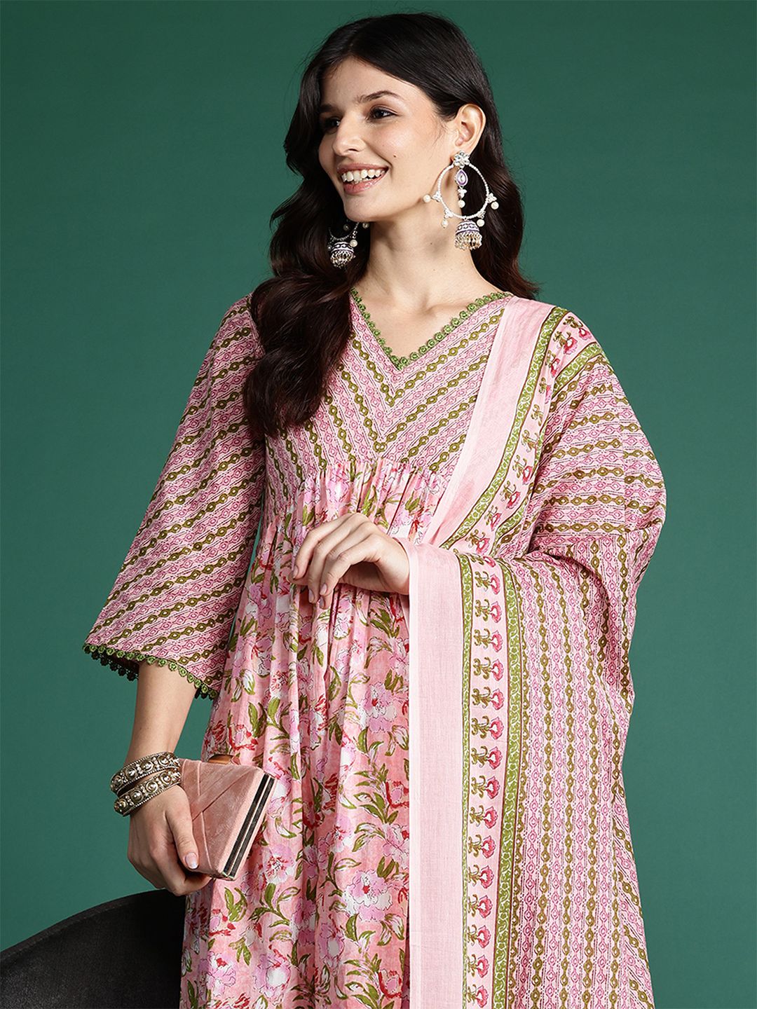 Indyancart IE Floral Printed Empire Pure Cotton Kurta with Trousers & Dupatta