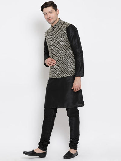 Men's Black Silk Blend Straight Jacket  Kurta and Pyjama Set