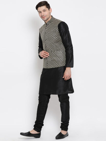Men's Black Silk Blend Straight Jacket  Kurta and Pyjama Set