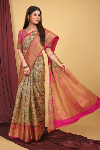 Indyancart GR Women's Peach Kalamkari Silk Saree