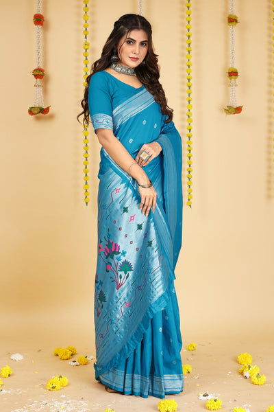 Indyancart GR Women's Mastani Cyan Blue Zari Paithani Silk Saree