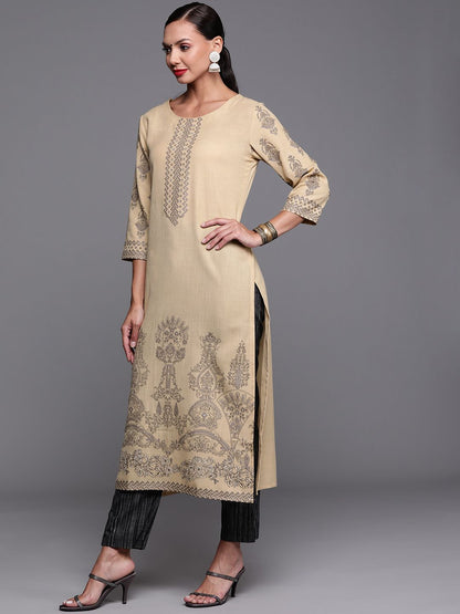 Indyancart IE Women Beige & Grey Ethnic Motifs Foil Print Straight Kurta