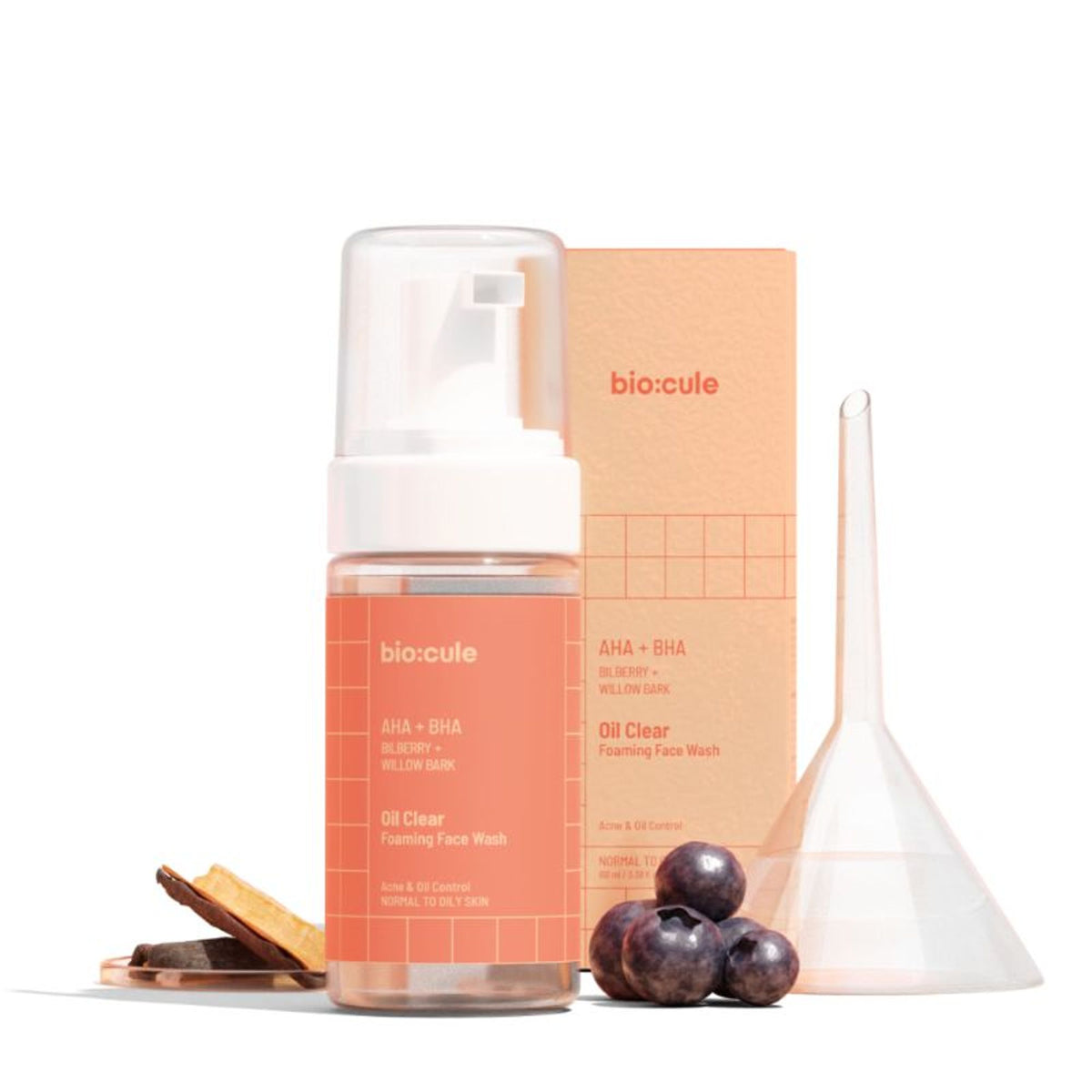 Biocule AHA BHA oil clear foaming face wash for oily, acne-prone skin, showing the product bottle and foaming lather.