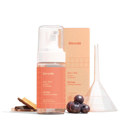 Biocule AHA BHA oil clear foaming face wash for oily, acne-prone skin, showing the product bottle and foaming lather.