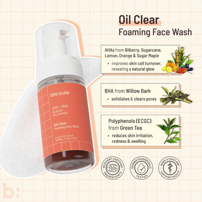 Biocule AHA BHA Oil Clear Foaming Face Wash for oily, acne-prone skin showing foaming cleanser with bottle and fresh skin.