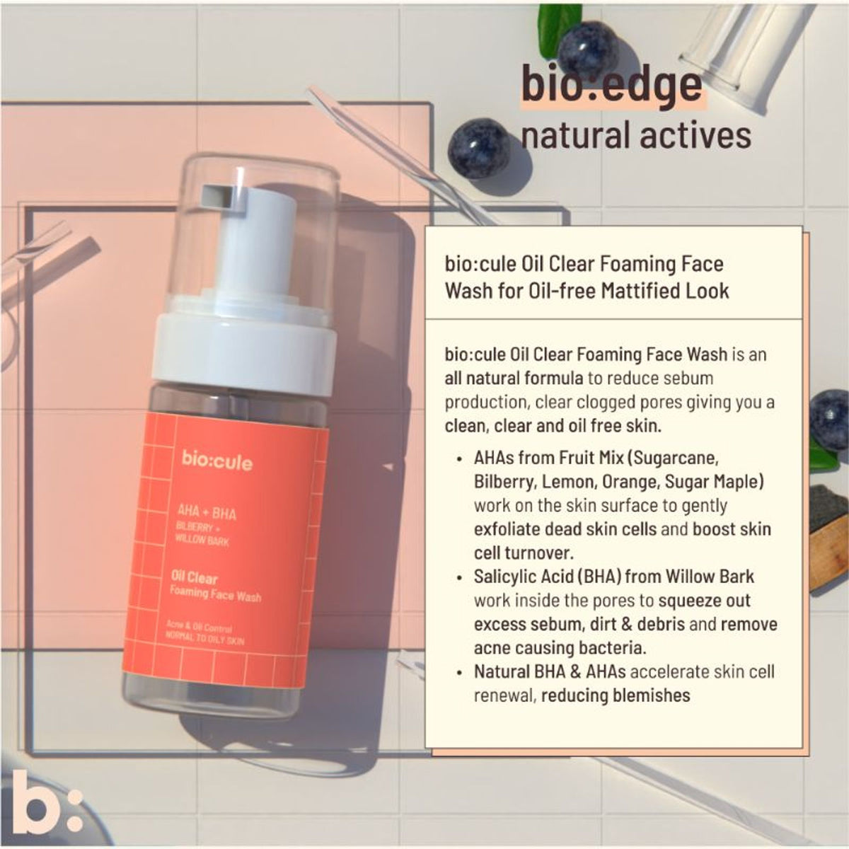 Biocule AHA BHA oil clear foaming face wash for oily, acne-prone skin, showing the product bottle with foam lather.