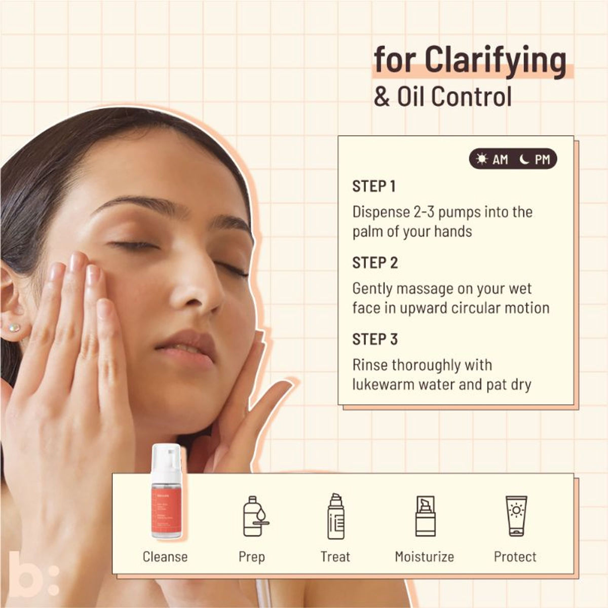 Biocule AHA BHA oil-clear foaming face wash for oily, acne-prone skin, showing the product bottle and foam lather on skin