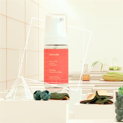 Biocule AHA BHA Oil Clear Foaming Face Wash for oily and acne-prone skin, showing the product bottle with foam lather.