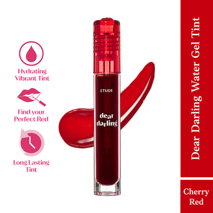 ETUDE Dear Darling Water Gel Tint Lipstick in Cherry Red, showing vibrant lip color and sleek packaging.