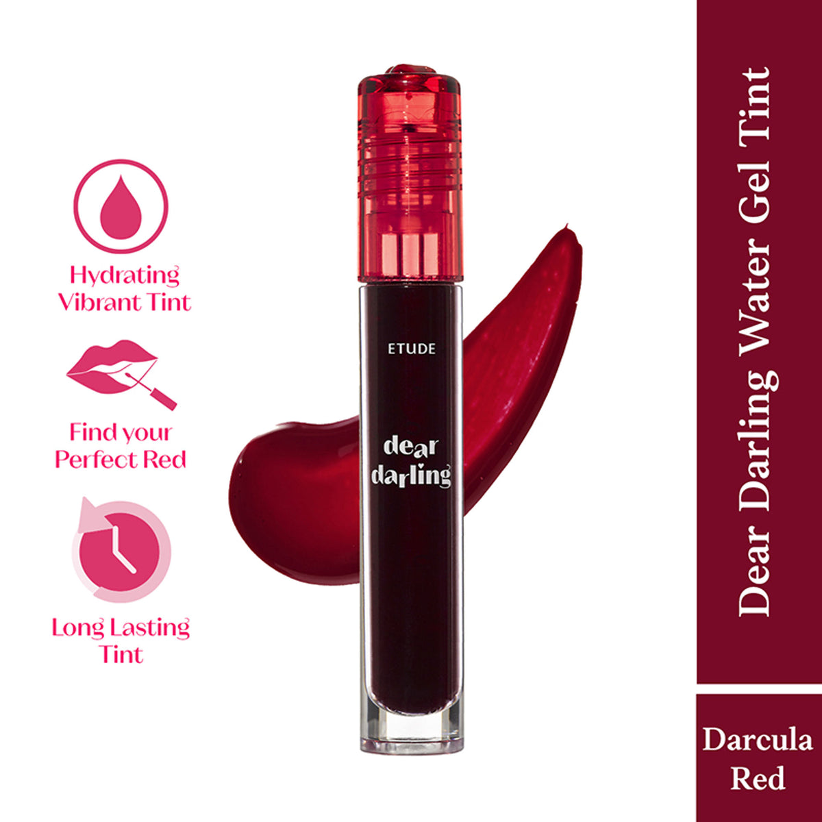 ETUDE Dear Darling Water Gel Tint lipstick in Dracula Red, showcasing a vibrant red lip tint with smooth, glossy finish.