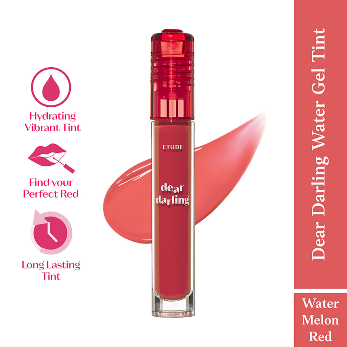 ETUDE Dear Darling Water Gel Tint Lipstick in Watermelon Red, showing the vibrant, glossy lipstick applied on lips.