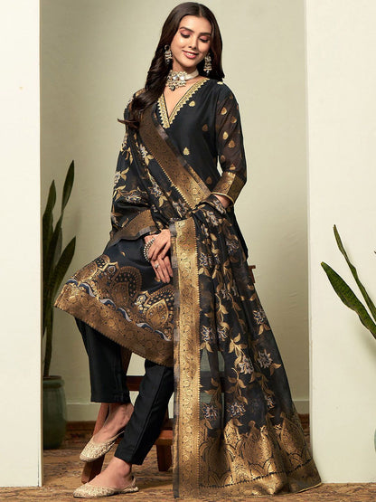 Dhiyona SN Women's Woven-Designed Straight Kurta With Trouser & Dupatta Set