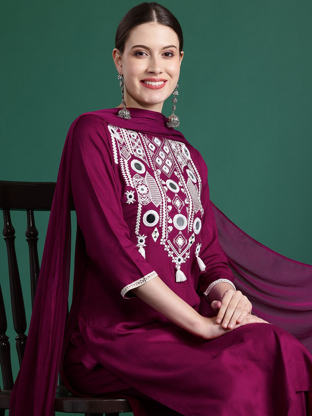 Embroidered Mirror Work Kurta With Trousers & Dupatta