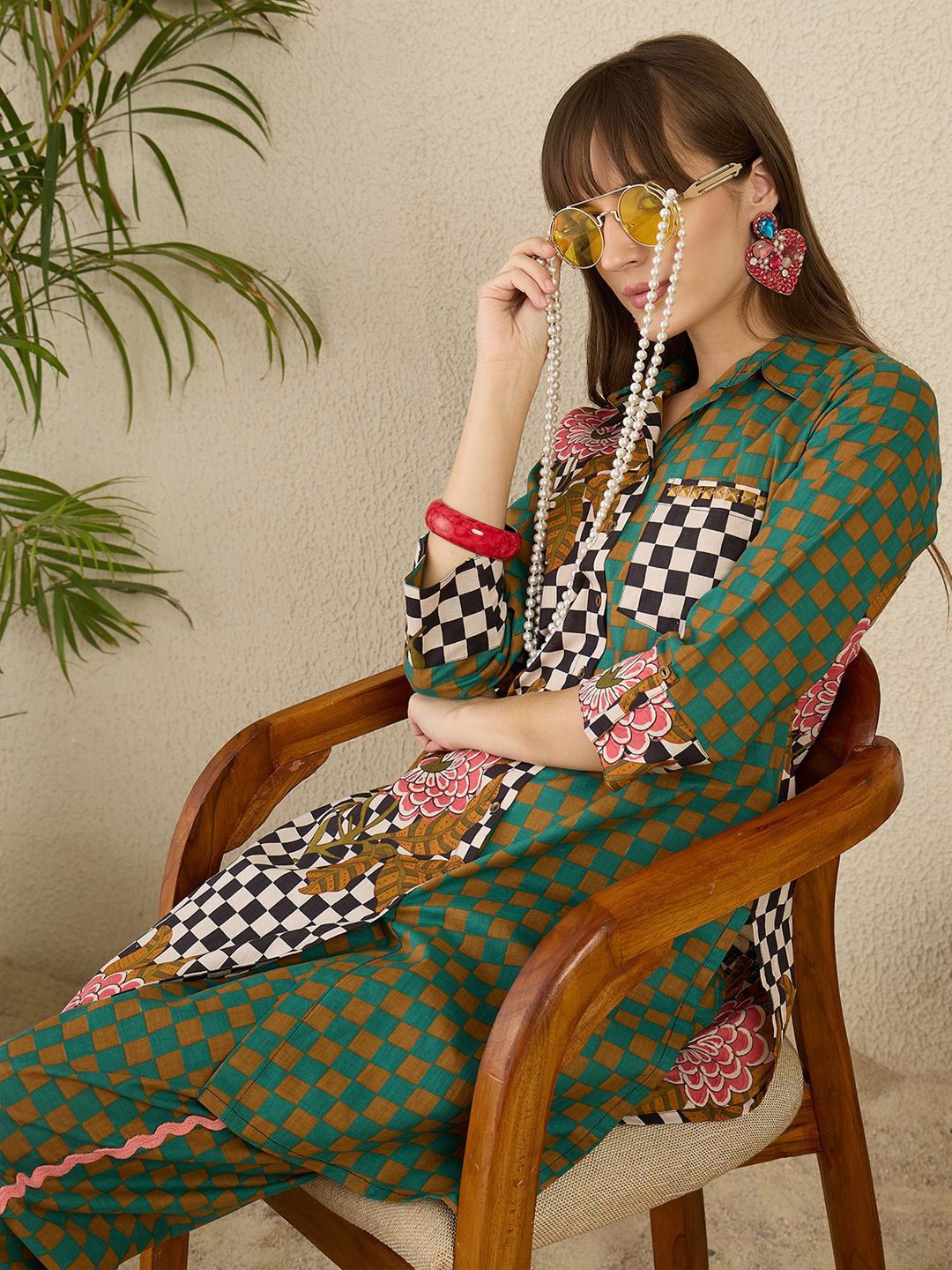 Women Checked Regular Pure Cotton Kurta with Trousers