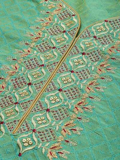 Indyancart VA Women's Sea Green & Gold-Toned Embroidered Kurta with Trousers & Dupatta