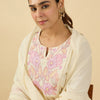 Indyancart IE Floral Embroidered Notch Neck Pure Cotton A-Line Kurta & Trousers With Dupatta