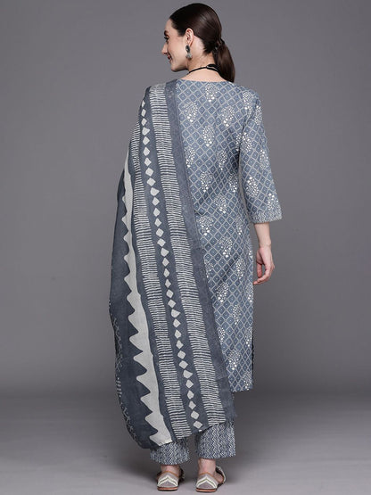 Indyancart IE Women Floral Printed Regular Sequinned Pure Cotton Kurta with Trousers & With Dupatta