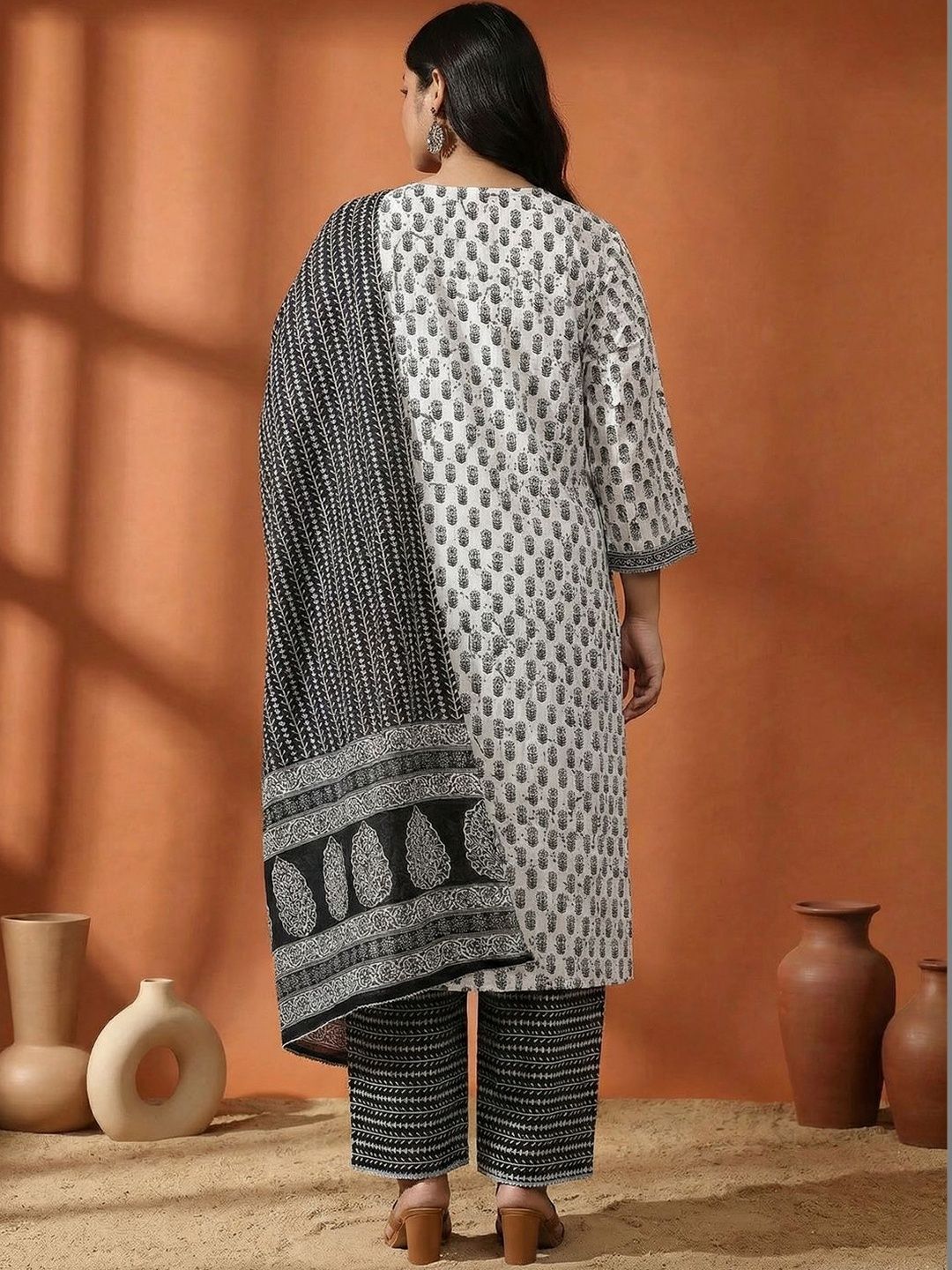 Indyancart Women's Ethnic Motifs Printed Regular Pure Cotton Kurta with Trousers & With Dupatta