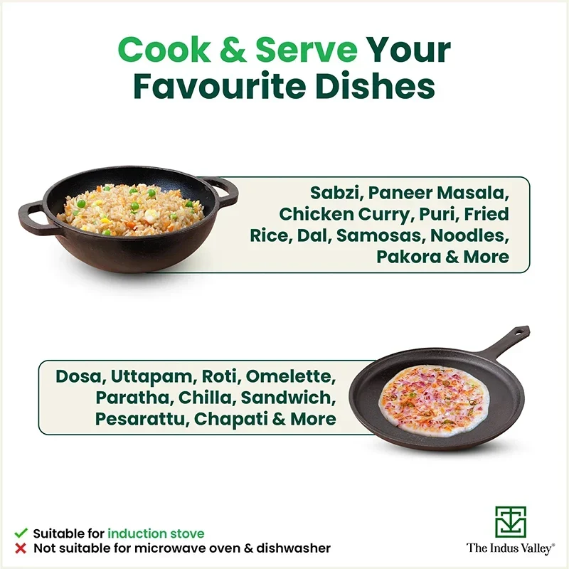 The Indus Valley CASTrong Cast Iron Cookware Set: Tawa + Kadai, Kitchen Set for Home, Pre-seasoned, 100% Pure, Toxin-free, Induction