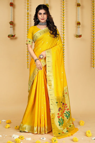 Indyancart GR Women's Mastani 2 Yellow Zari Paithani Silk Saree