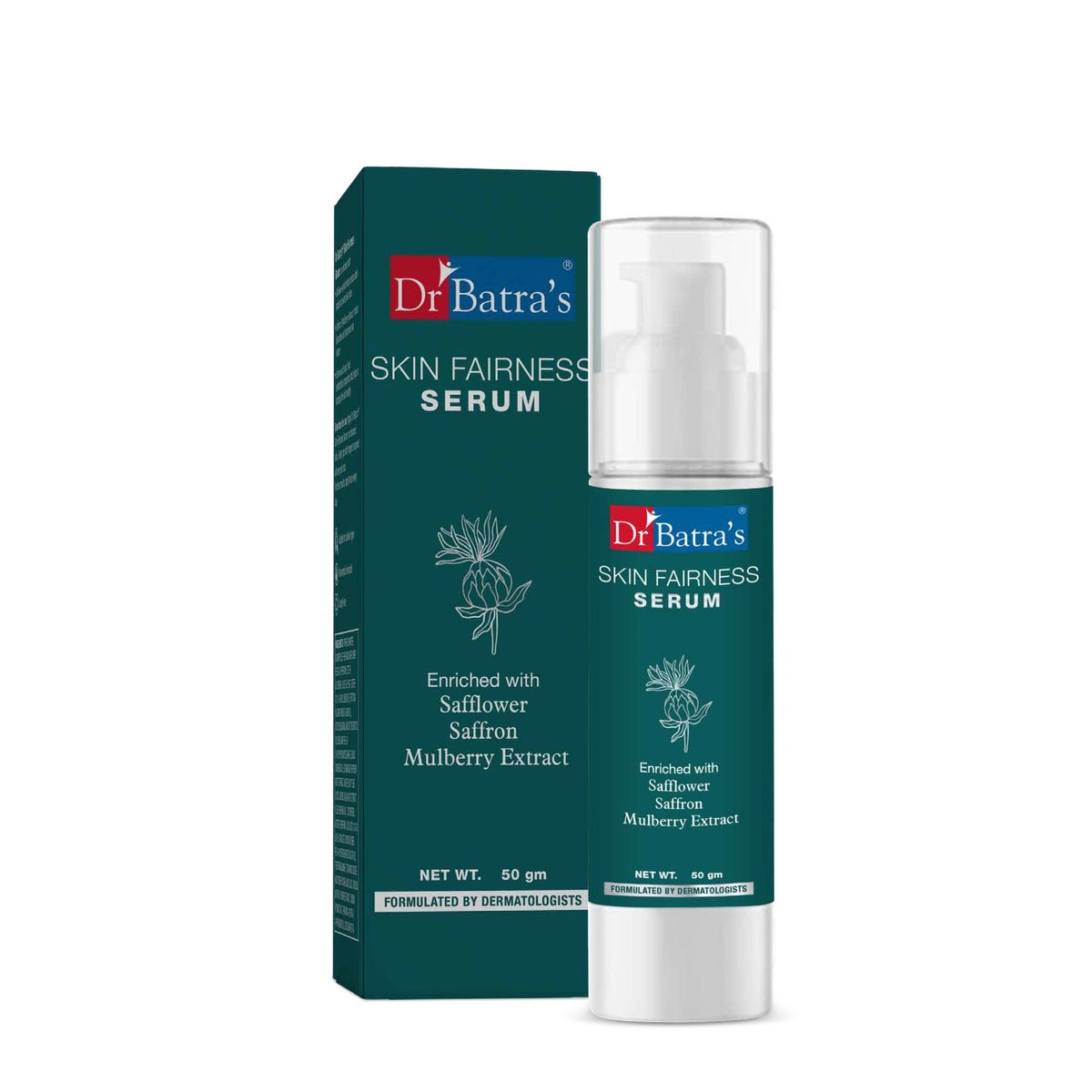 Dr. Batra's Skin Glowing Serum bottle with bright, healthy skin imagery, silicone-free, hydroquinone-free brightening skincare product