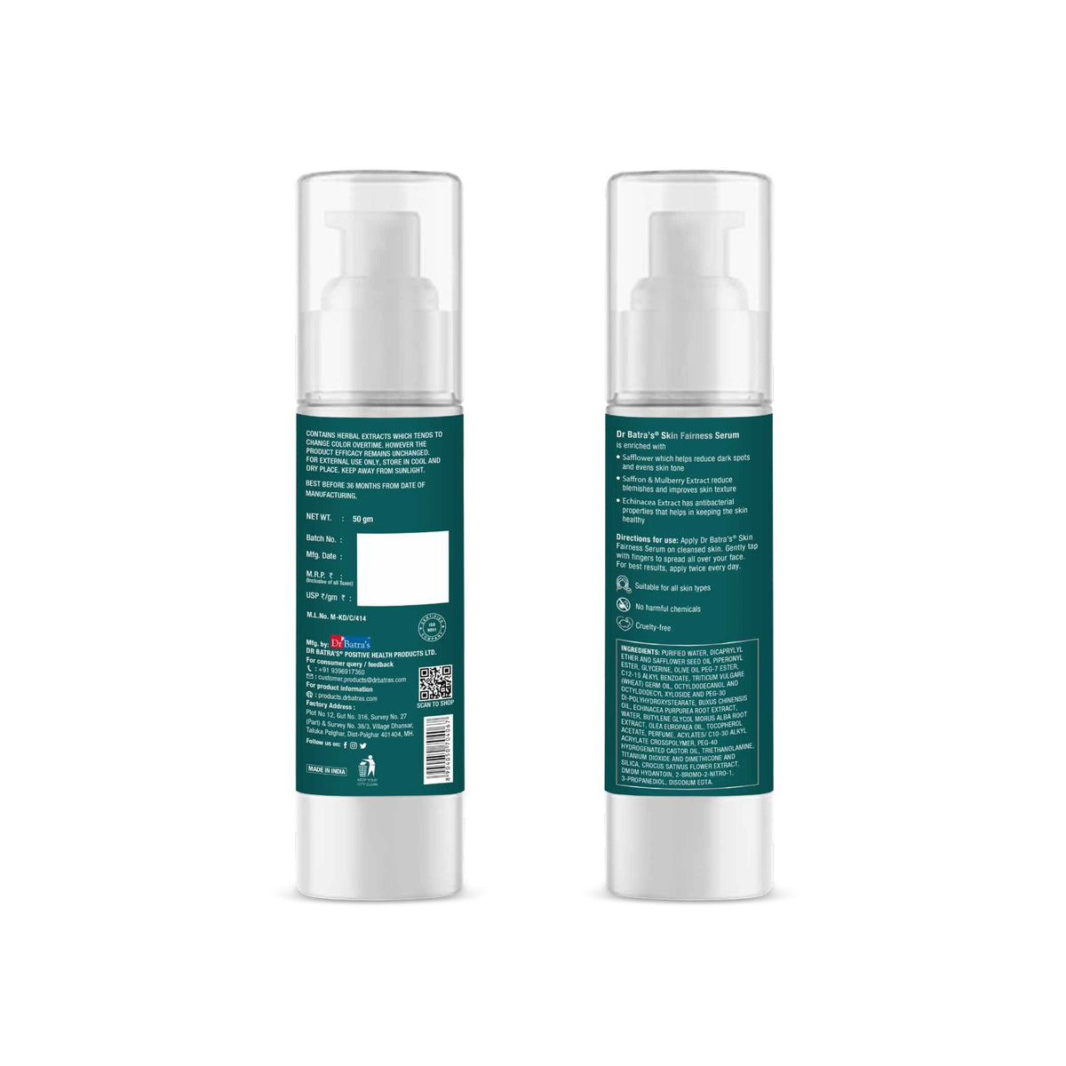 Dr Batra's Skin Glowing Serum in a sleek bottle, designed for bright, healthy skin with silicone and hydroquinone-free formula.