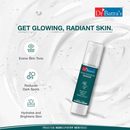 Dr. Batra's Skin Glowing Serum in a pump bottle, designed for bright, healthy skin with silicone and hydroquinone-free formula.