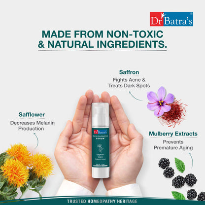 Dr. Batra's Skin Glowing Serum in a bottle, promoting bright, healthy skin with silicone and hydroquinone-free formula.