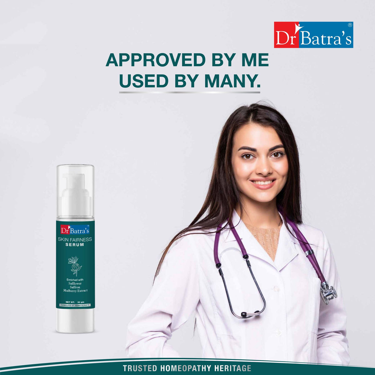 Dr. Batra's Skin Glowing Serum bottle with bright and healthy skin, silicone-free, hydroquinone-free formula for radiant skin.