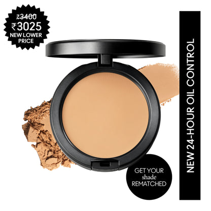 M.A.C Studio Fix Powder Plus Compact Foundation in NC35 with open compact showing pressed powder for matte finish