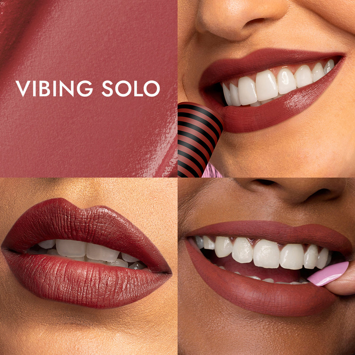 Nykaa Cosmetics So Creme! Creamy Matte Lipstick in Vibing Solo, showing a smooth, vibrant lipstick swatch on lips.