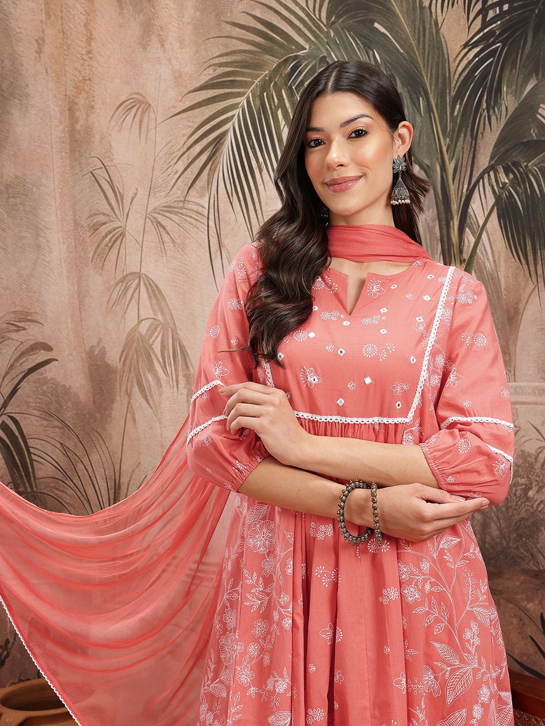 Indyancart SN Women's Floral Printed Pleated Pure Cotton Kurta with Trousers & Dupatta