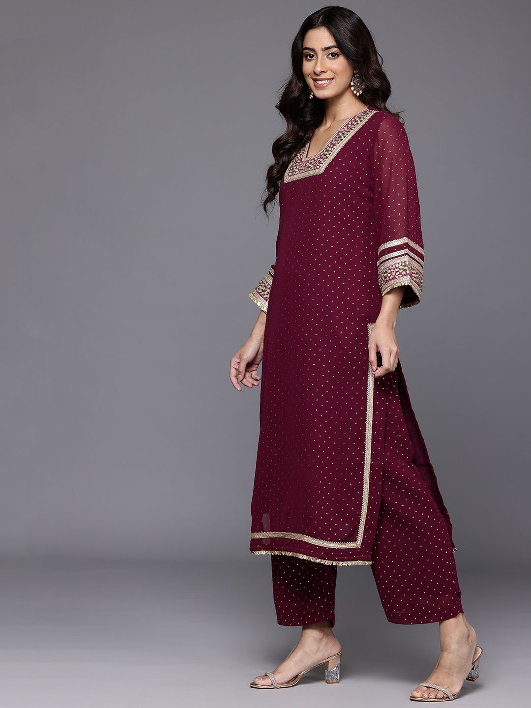 Indyancart VA Women's Gotta Patti Embroidered Silk Georgette Kurta with Trousers & Dupatta