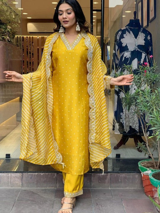 Women's Bandhani Embroidered Regular Sequinned Kurta With Trouser & Dupatta