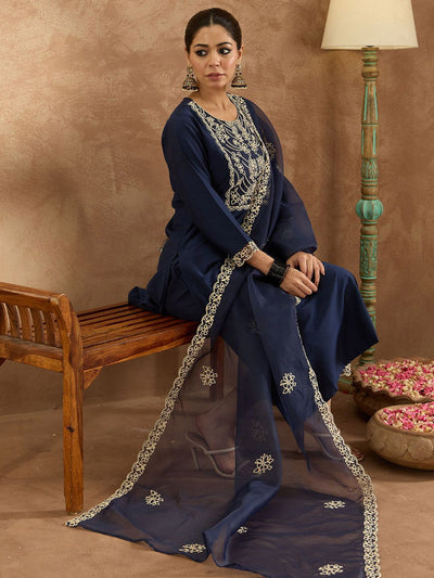 Indyancart IE Floral Yoke Design Round Neck Straight Kurta With Trousers & Dupatta